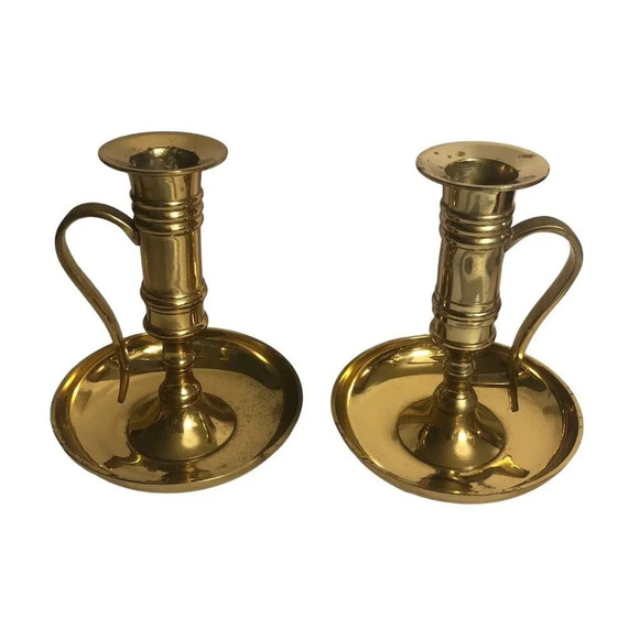 Vtg Brass Pair 2 Chamber Stick 4.75" x 3.75" Candlestick Candle Holder Handle - Picture 3 of 8